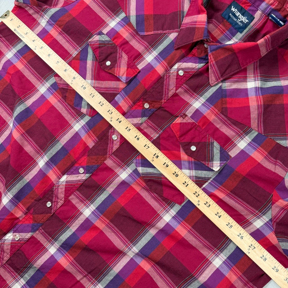 Wrangler Pearl Snap Shirt Mens 3XT Red Purple Plaid Short Sleeve Tall Western - Picture 3 of 5